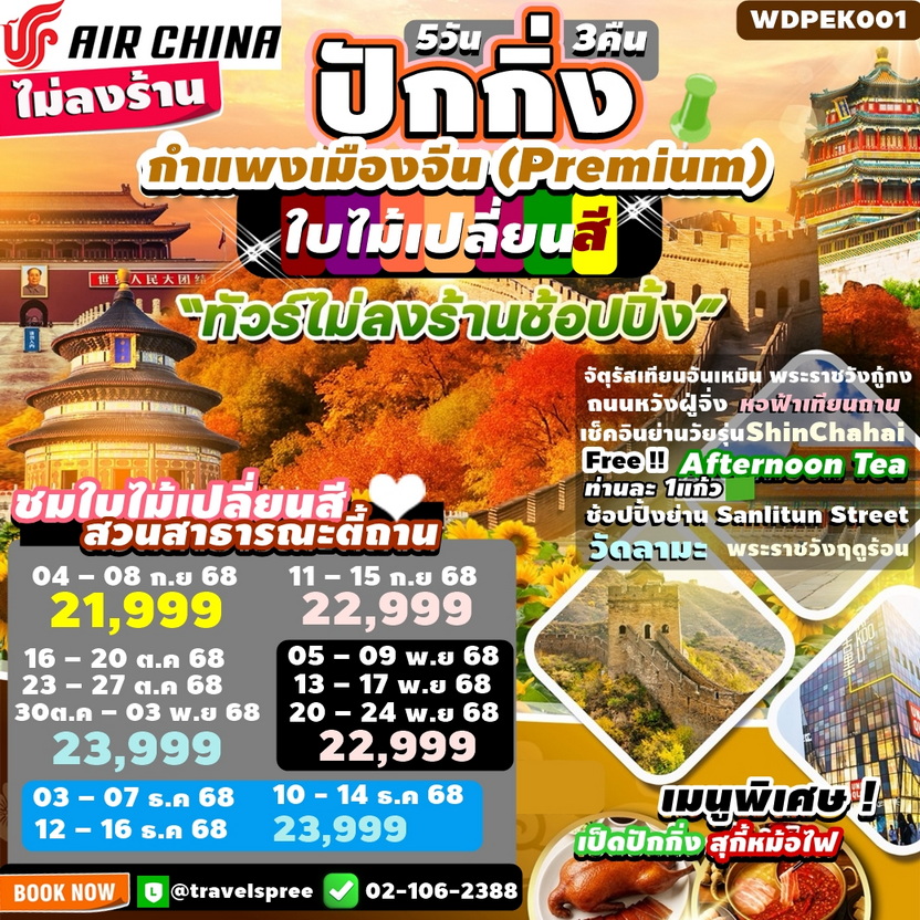 WDPEK001 ทัวร์จีน ปักกิ่ง กำแพงเมืองจีน (Premium) วัดลามะ ช้อปปิ้งย่านวัยรุ่น ชมดอกไม้ตามฤดูกาล ใบไม้เปลี่ยนสี ไม่ลงร้าน 5วัน3คืน CA