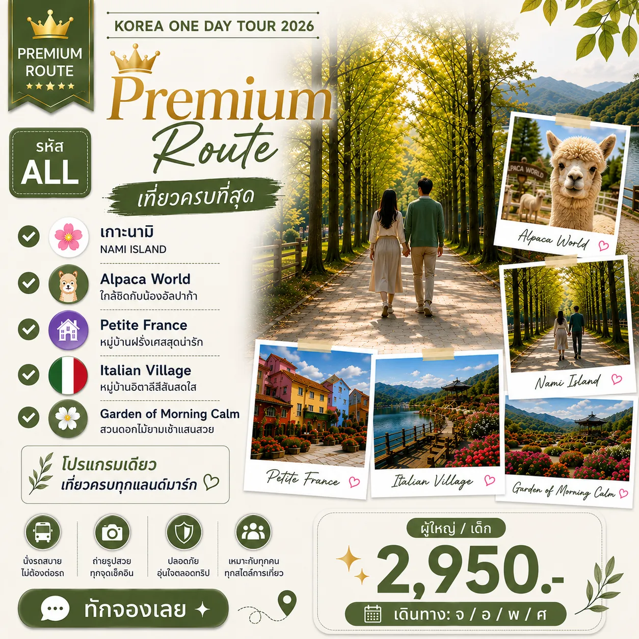 Nami Island - Alpaca World - Petite France - Italian Village - Garden of Morning Calm Day Trip (From Seoul)